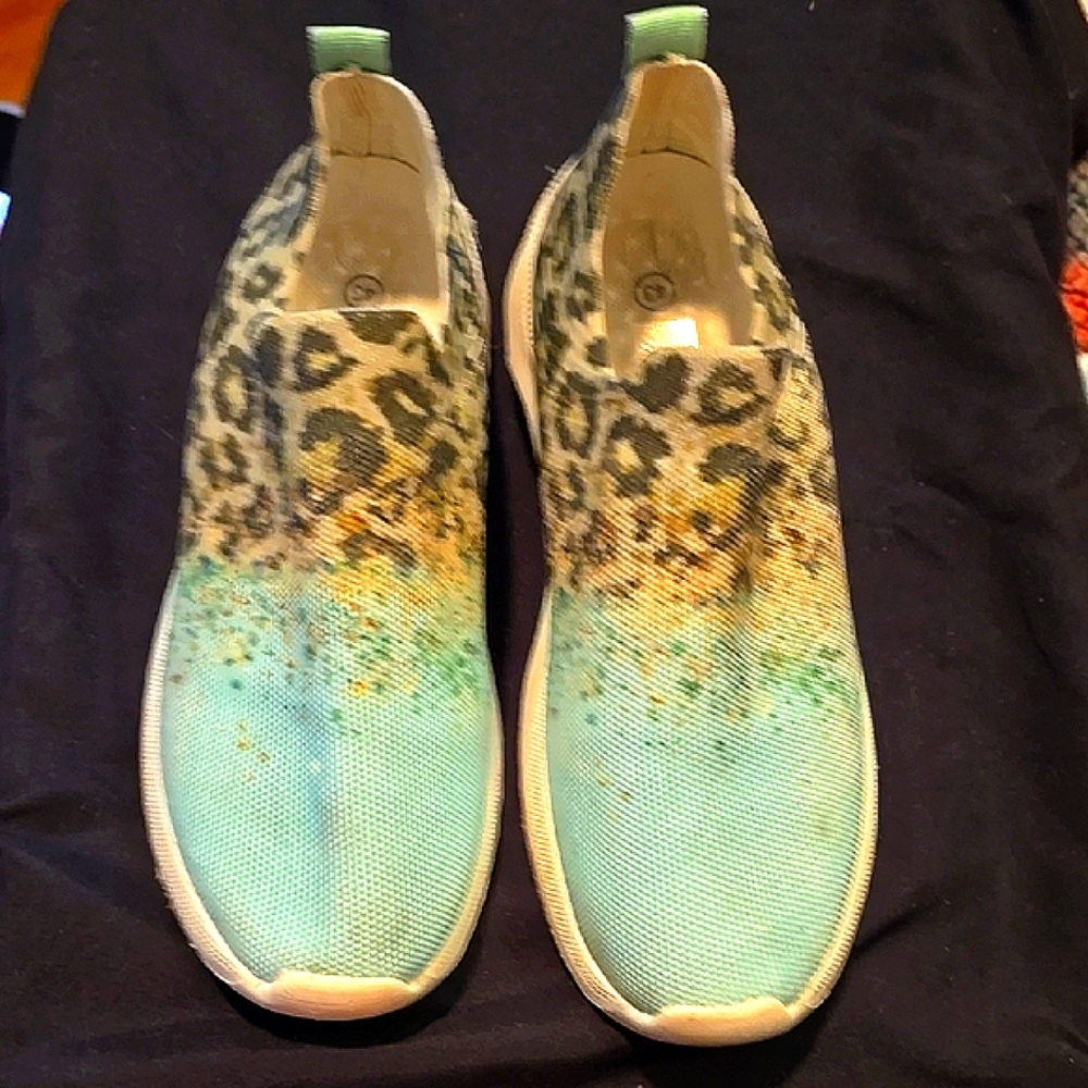 Turquoise and Leopard Print Slip On Sneakers